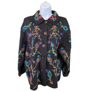 Vintage Life Style Womens Blazer L Black Floral Embroidery Button-Up Cottagecore